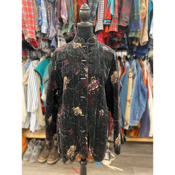 Vintage Black Button Up Sweater with Flowers Size Large - Picture 1 of 4